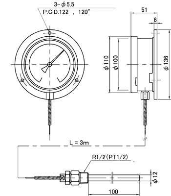 SK Sato SK-3000-20 LB-100S ที่วัดอุณหภูมิ Remote Sensing Dial (0 To 200 °C)