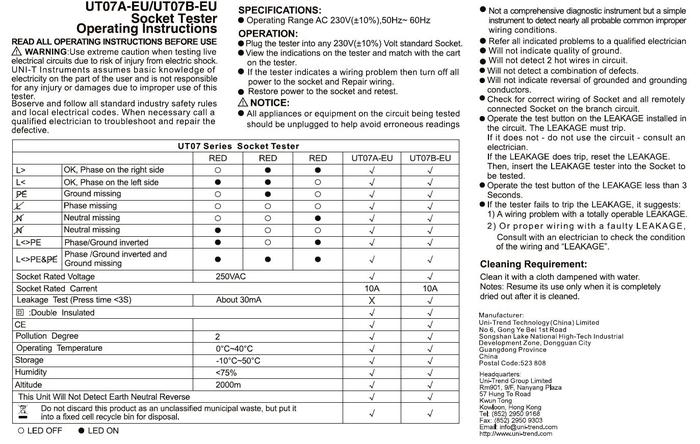 UNI-T รุ่น UT07B-EU เครื่องตรวจเช็คเต้ารับไฟฟ้า (Socket Tester)